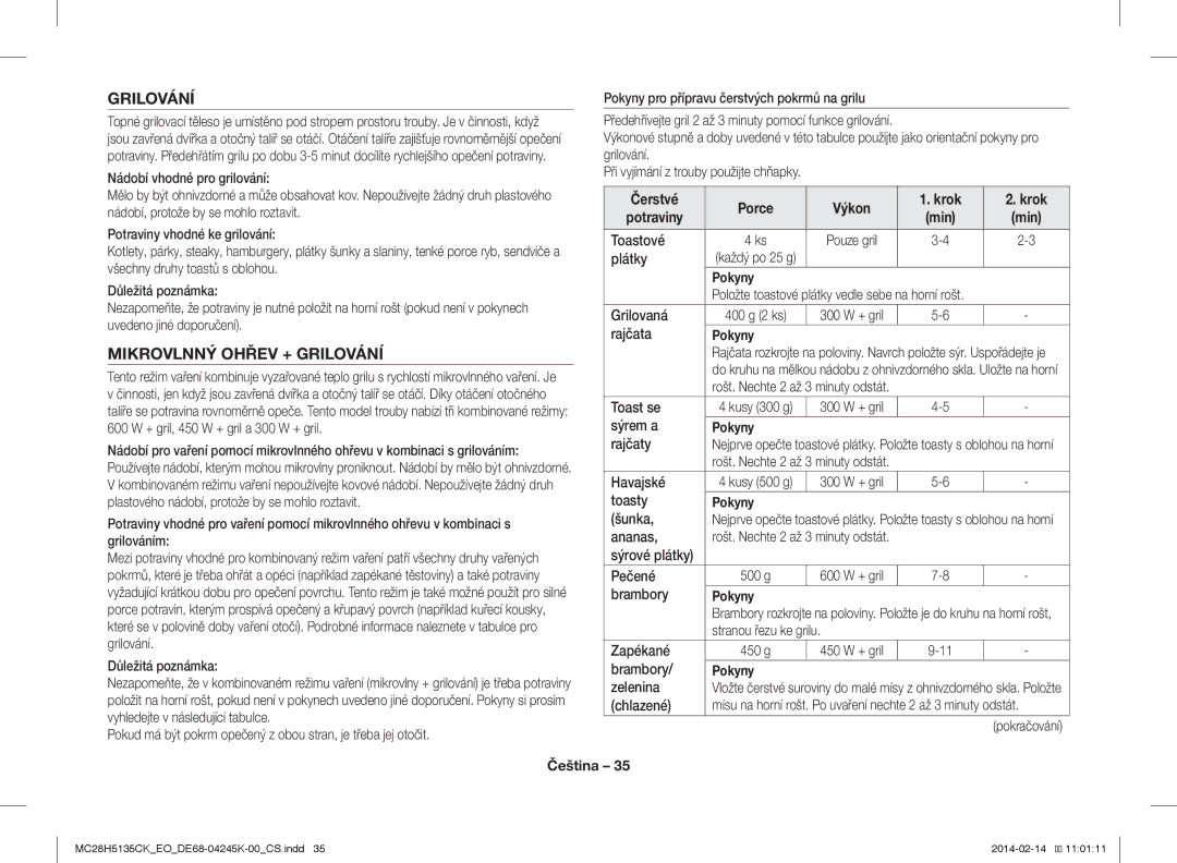 Samsung MC28H5135CK/EO manual Mikrovlnný Ohřev + Grilování, Čerstvé Porce Výkon Krok Potraviny 