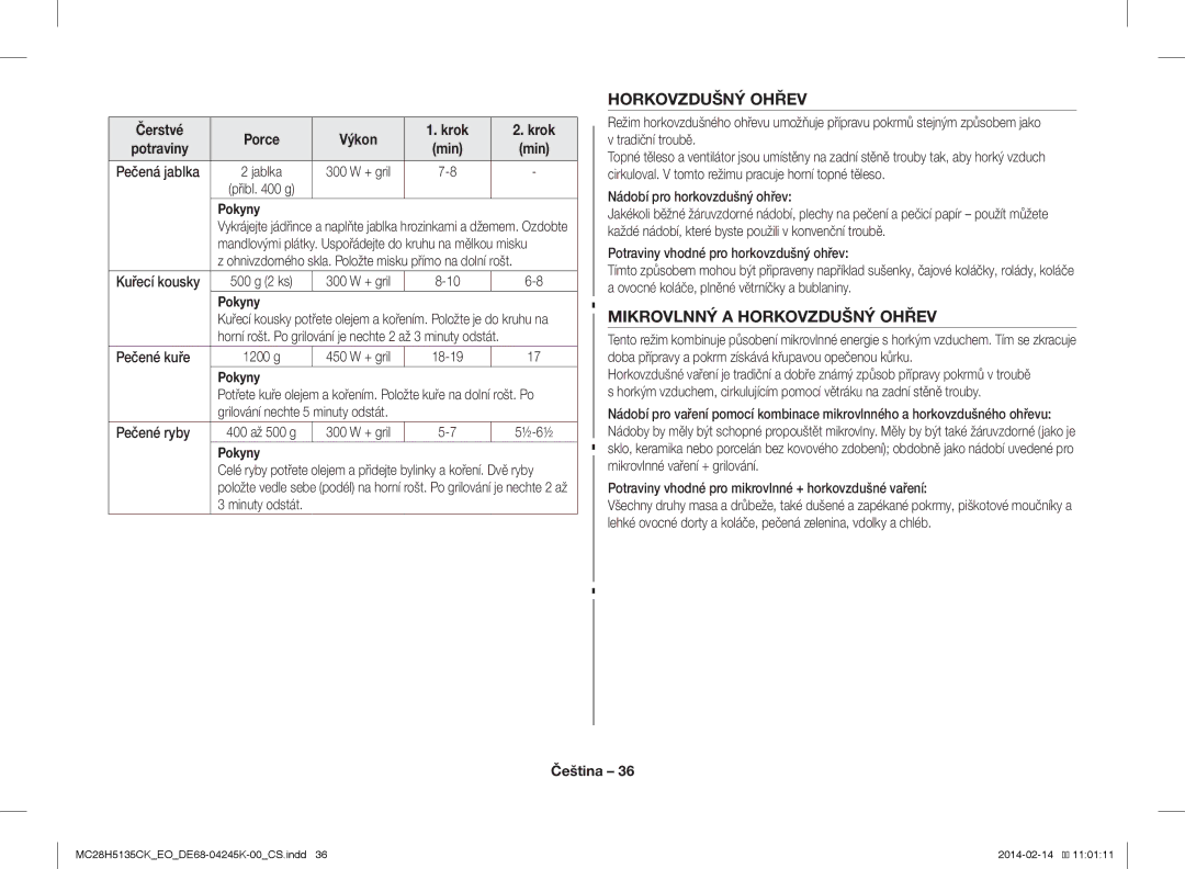 Samsung MC28H5135CK/EO manual Mikrovlnný a Horkovzdušný Ohřev, Pečená jablka, Nádobí pro horkovzdušný ohřev 