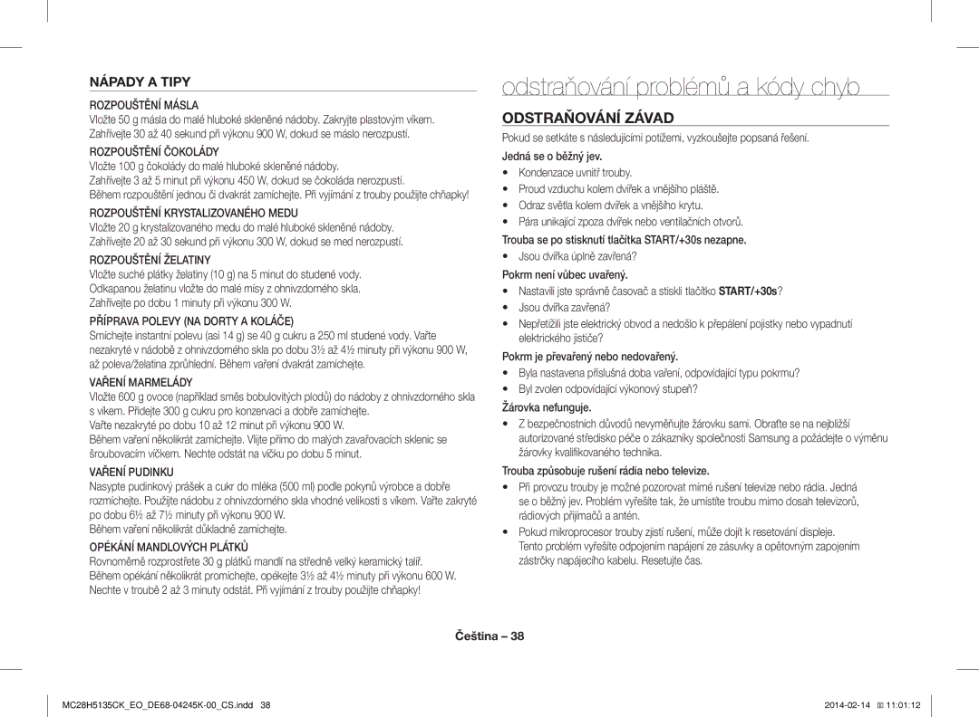 Samsung MC28H5135CK/EO manual Odstraňování problémů a kódy chyb, Odstraňování Závad, Nápady a Tipy 