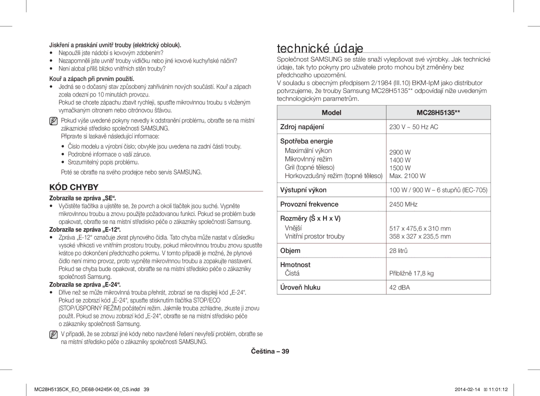 Samsung MC28H5135CK/EO manual Zobrazila se zpráva „SE, Zobrazila se zpráva „E-12, Zobrazila se zpráva „E-24 