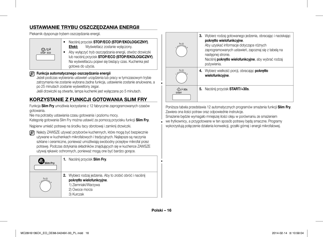 Samsung MC28H5135CK/EO manual Ustawianie Trybu Oszczędzania Energii, Korzystanie Z Funkcji Gotowania Slim FRY 