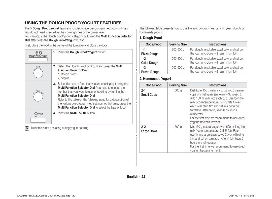 Samsung MC28H5135CK/EO manual Using the Dough PROOF/YOGURT Features, Dough Proof, Homemade Yogurt 