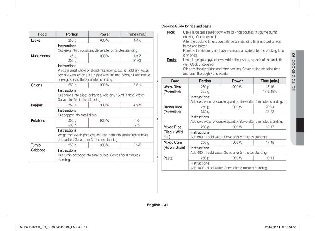 Samsung MC28H5135CK/EO manual Cooking Guide 