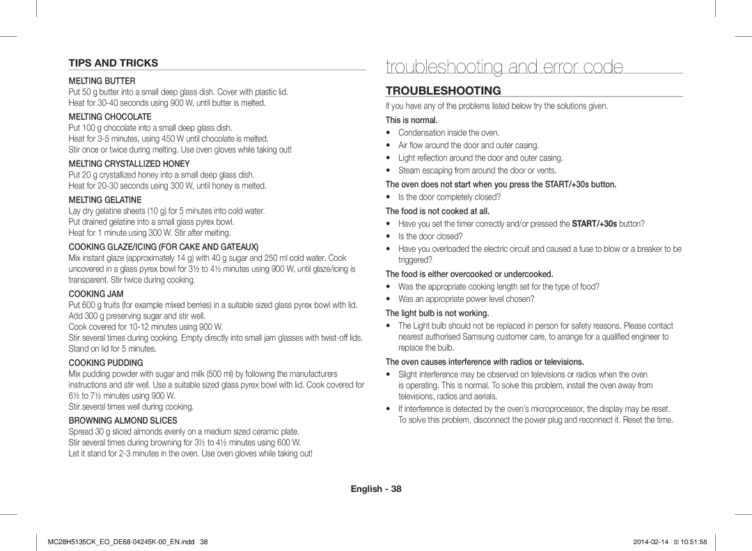 Samsung MC28H5135CK/EO manual Troubleshooting and error code, Tips and Tricks 