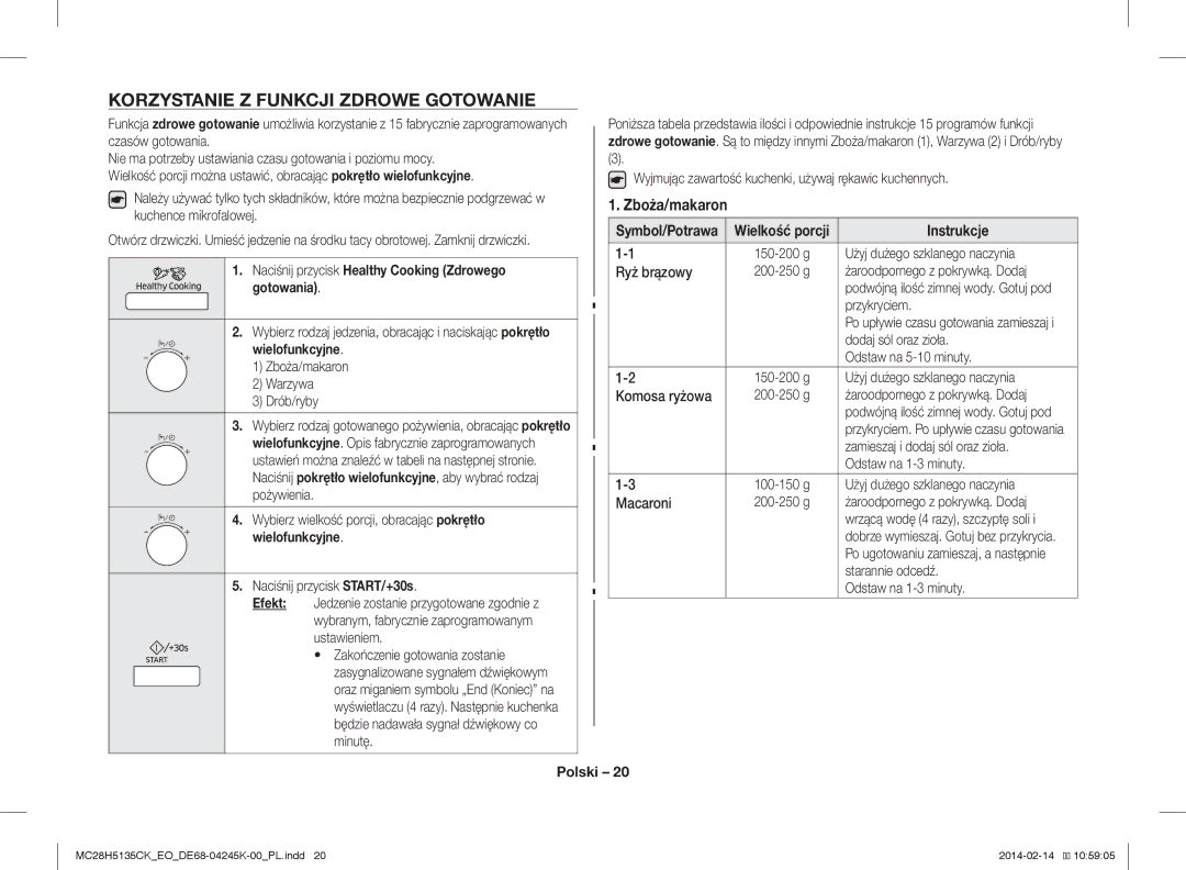 Samsung MC28H5135CK/EO manual Korzystanie Z Funkcji Zdrowe Gotowanie, Zboża/makaron 