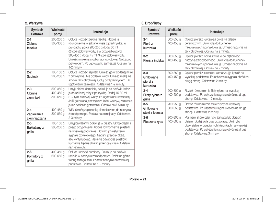 Samsung MC28H5135CK/EO manual Warzywa, Drób/Ryby 