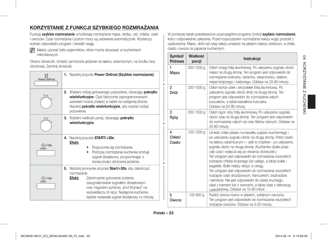 Samsung MC28H5135CK/EO manual Korzystanie Z Funkcji Szybkiego Rozmrażania 