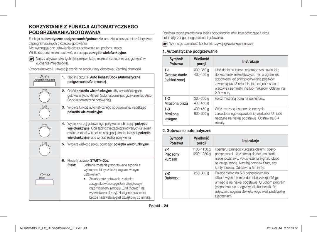 Samsung MC28H5135CK/EO manual Korzystanie Z Funkcji Automatycznego PODGRZEWANIA/GOTOWANIA, Automatyczne podgrzewanie 