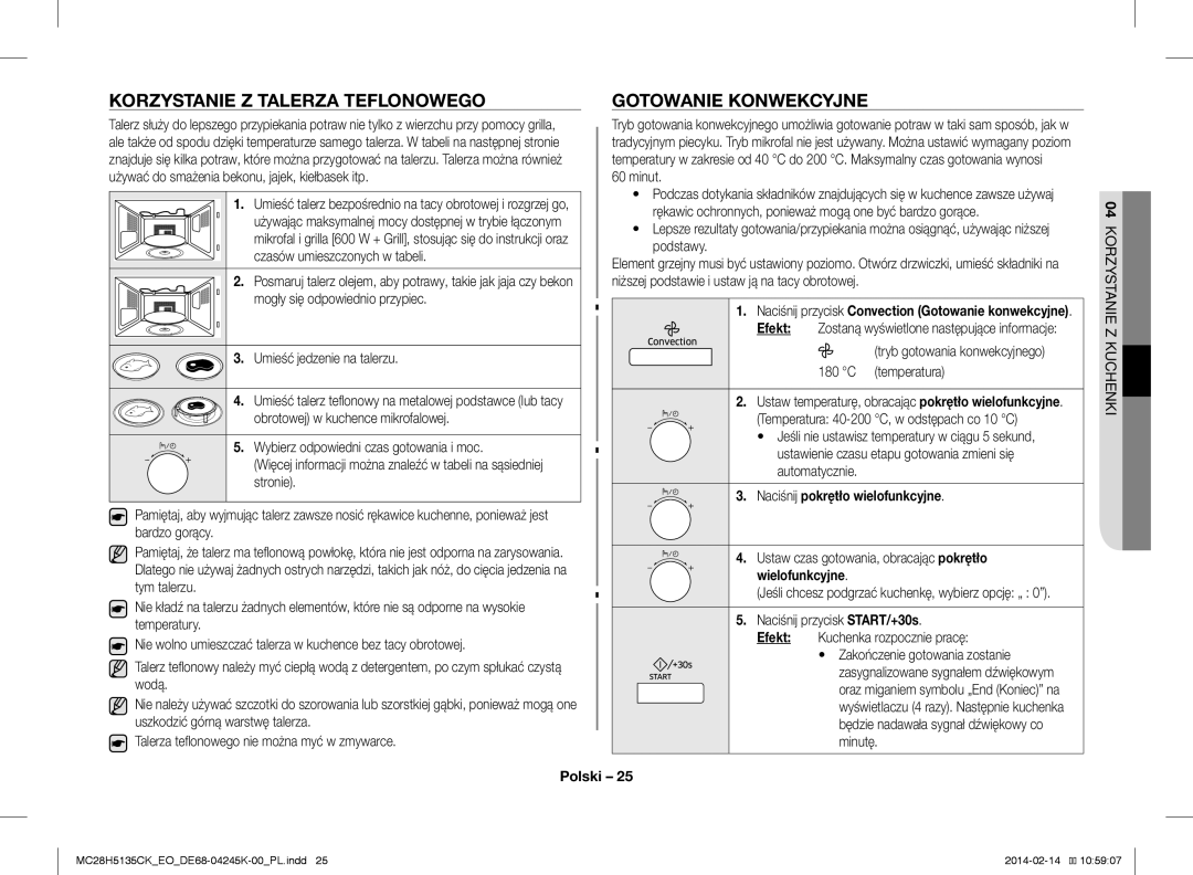 Samsung MC28H5135CK/EO manual Korzystanie Z Talerza Teflonowego Gotowanie Konwekcyjne, Wielofunkcyjne 