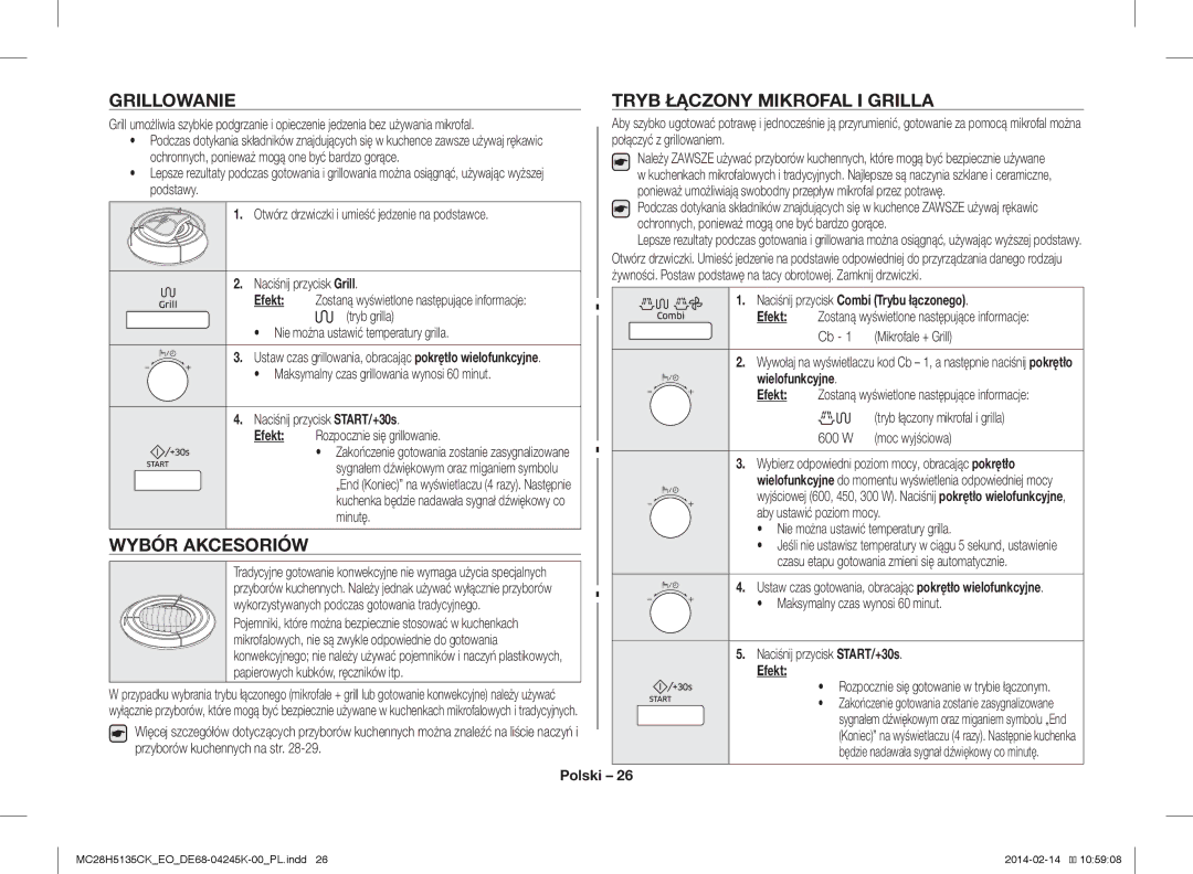 Samsung MC28H5135CK/EO manual Grillowanie, Wybór Akcesoriów, Tryb Łączony Mikrofal I Grilla 