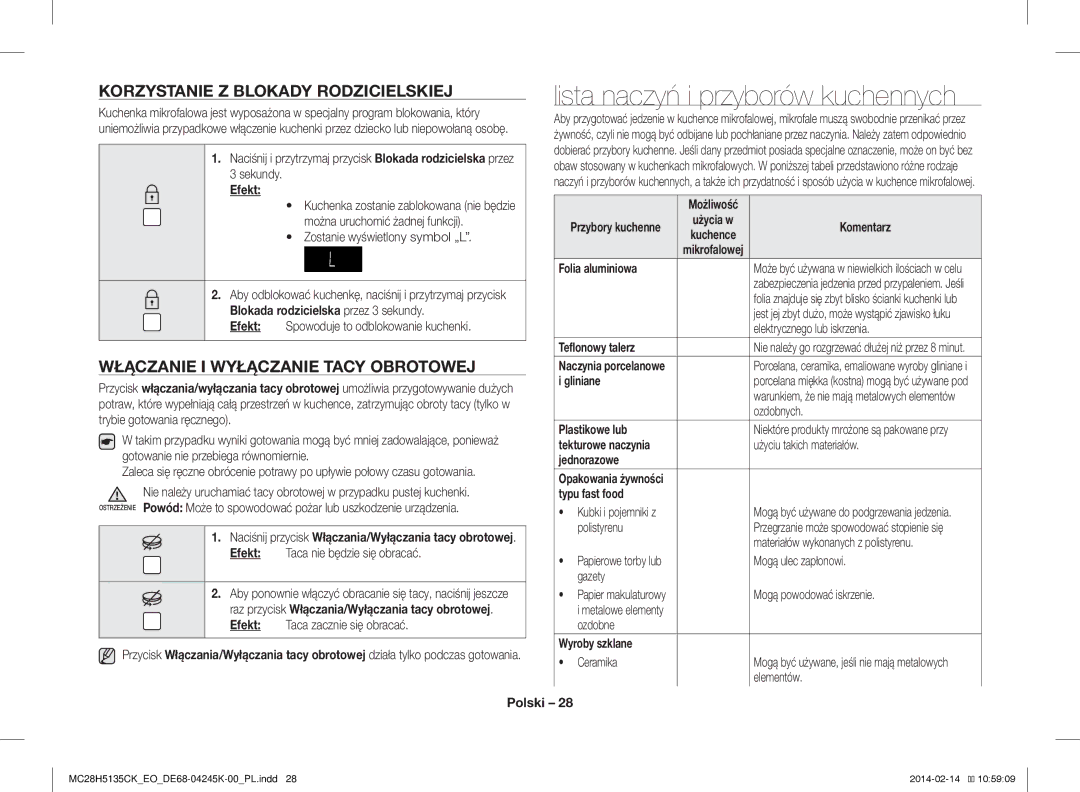 Samsung MC28H5135CK/EO manual Lista naczyń i przyborów kuchennych, Korzystanie Z Blokady Rodzicielskiej 