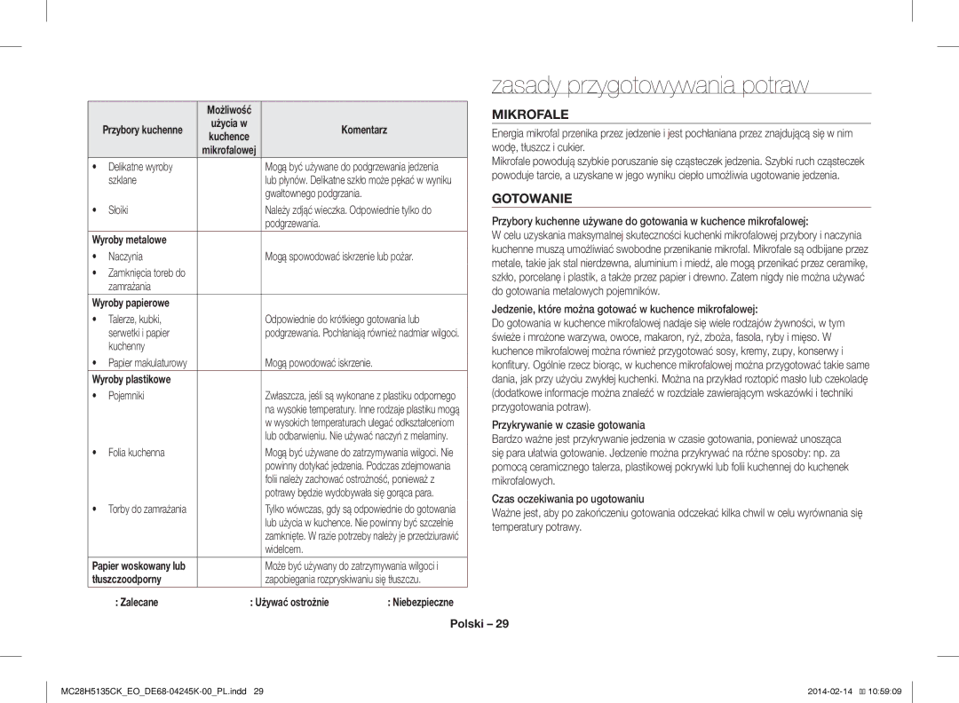 Samsung MC28H5135CK/EO manual Zasady przygotowywania potraw, Mikrofale, Gotowanie, Tłuszczoodporny, Zalecane 