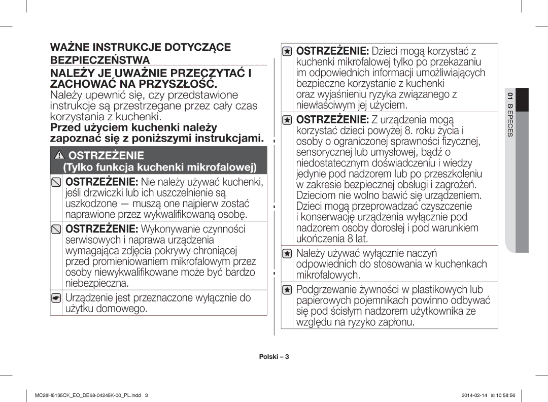 Samsung MC28H5135CK/EO manual Urządzenie jest przeznaczone wyłącznie do użytku domowego, Zasady Bezpieczeństwa 