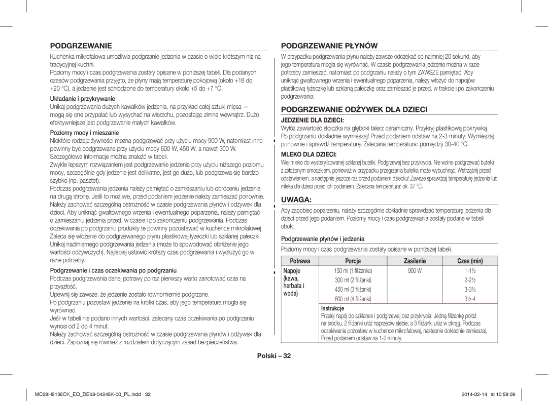 Samsung MC28H5135CK/EO manual Podgrzewanie Płynów, Podgrzewanie Odżywek DLA Dzieci, Uwaga 