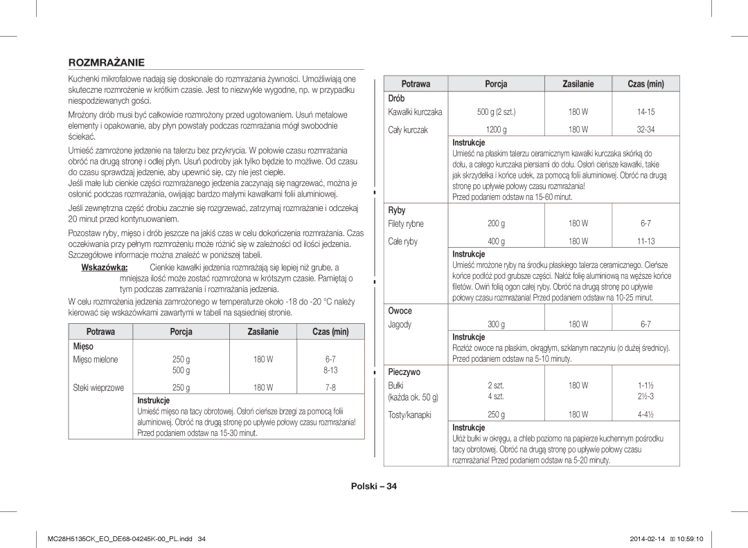 Samsung MC28H5135CK/EO manual Rozmrażanie 