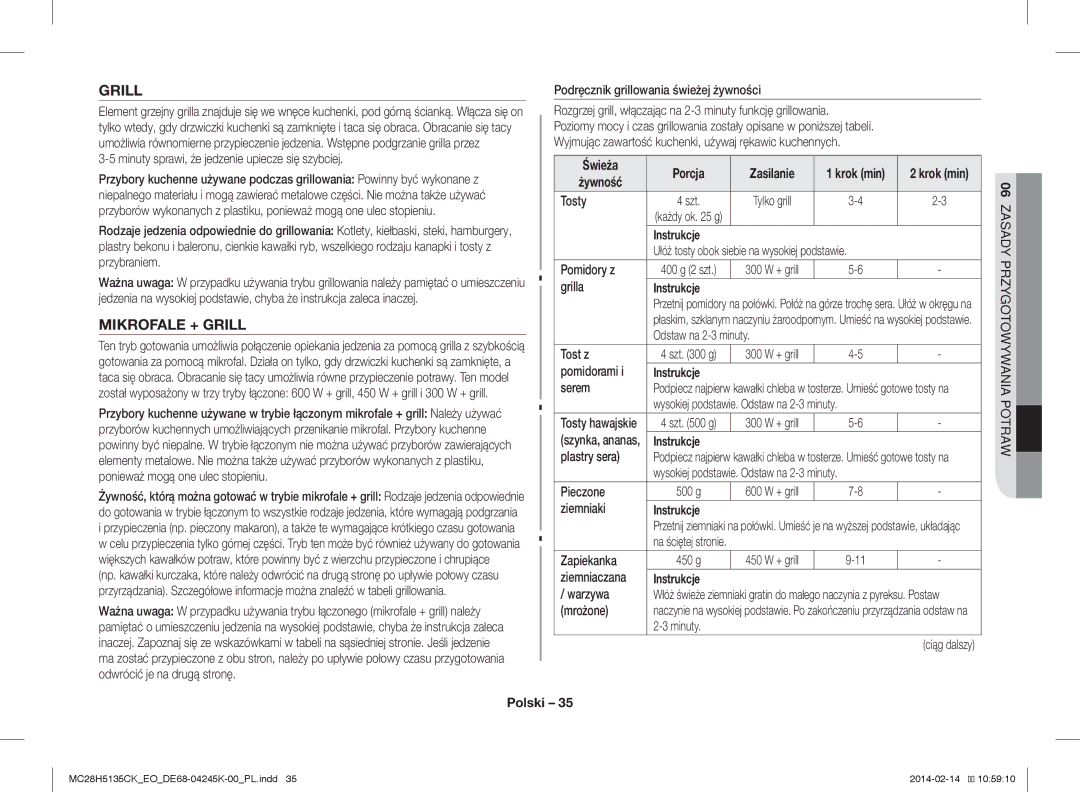 Samsung MC28H5135CK/EO manual Mikrofale + Grill, Świeża Porcja Zasilanie, Żywność 