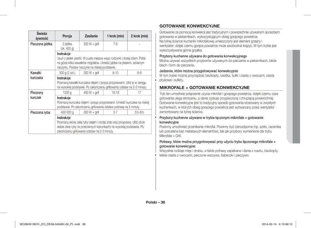 Samsung MC28H5135CK/EO manual Mikrofale + Gotowanie Konwekcyjne, Pieczone jabłka 