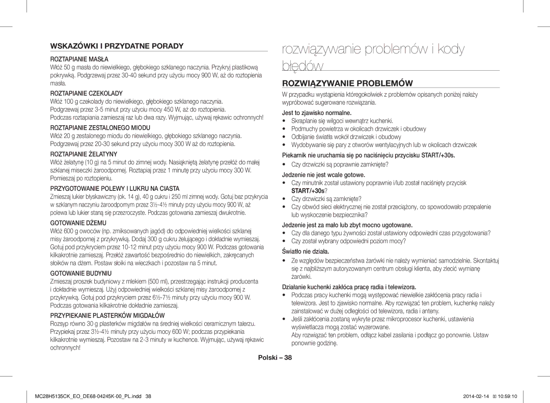 Samsung MC28H5135CK/EO manual Rozwiązywanie problemów i kody błędów, Rozwiązywanie Problemów, Wskazówki I Przydatne Porady 