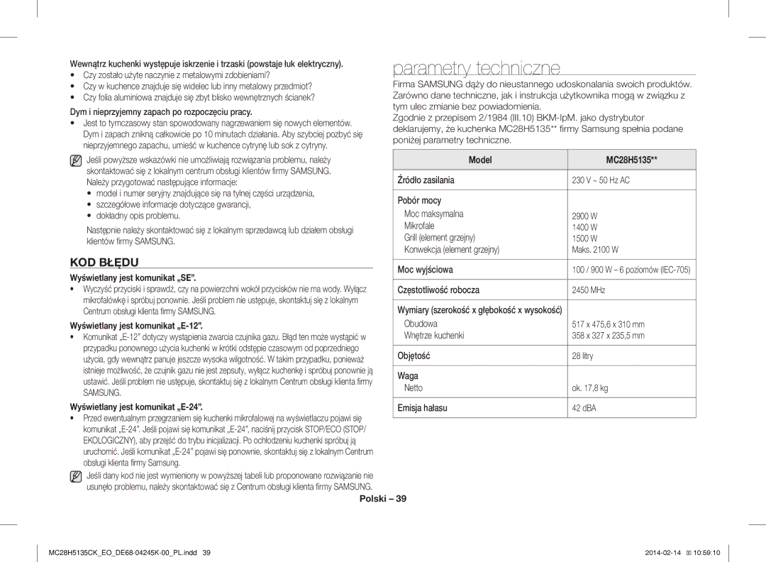 Samsung MC28H5135CK/EO manual Parametry techniczne, KOD Błędu 