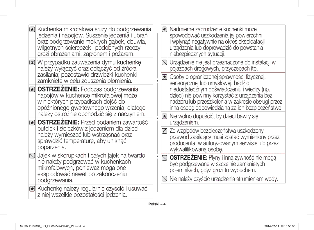 Samsung MC28H5135CK/EO manual Nie wolno dopuścić, by dzieci bawiły się urządzeniem 