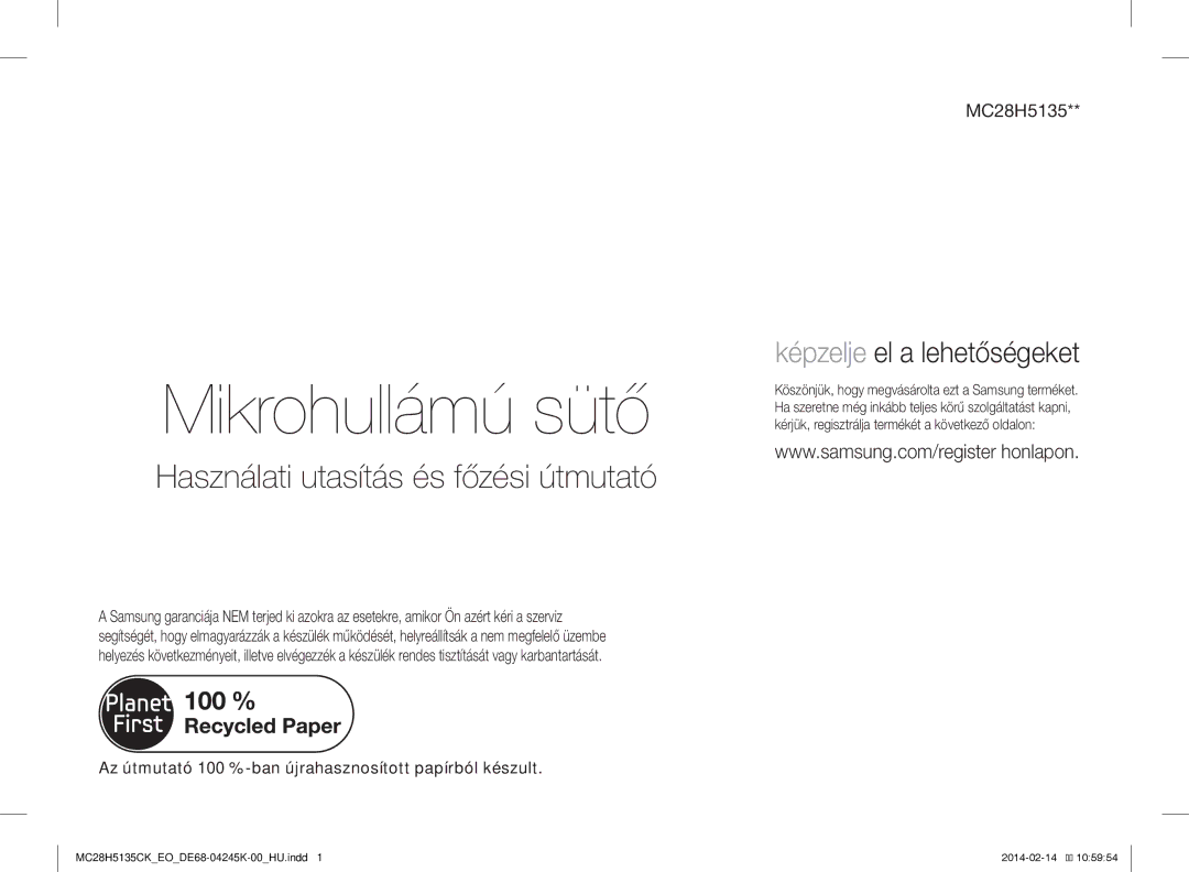 Samsung MC28H5135CK/EO manual Mikrohullámú sütő, Az útmutató 100 %-ban újrahasznosított papírból készult 