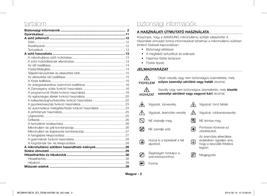 Samsung MC28H5135CK/EO manual Tartalom, Használati Útmutató Használata, Jelmagyarázat 