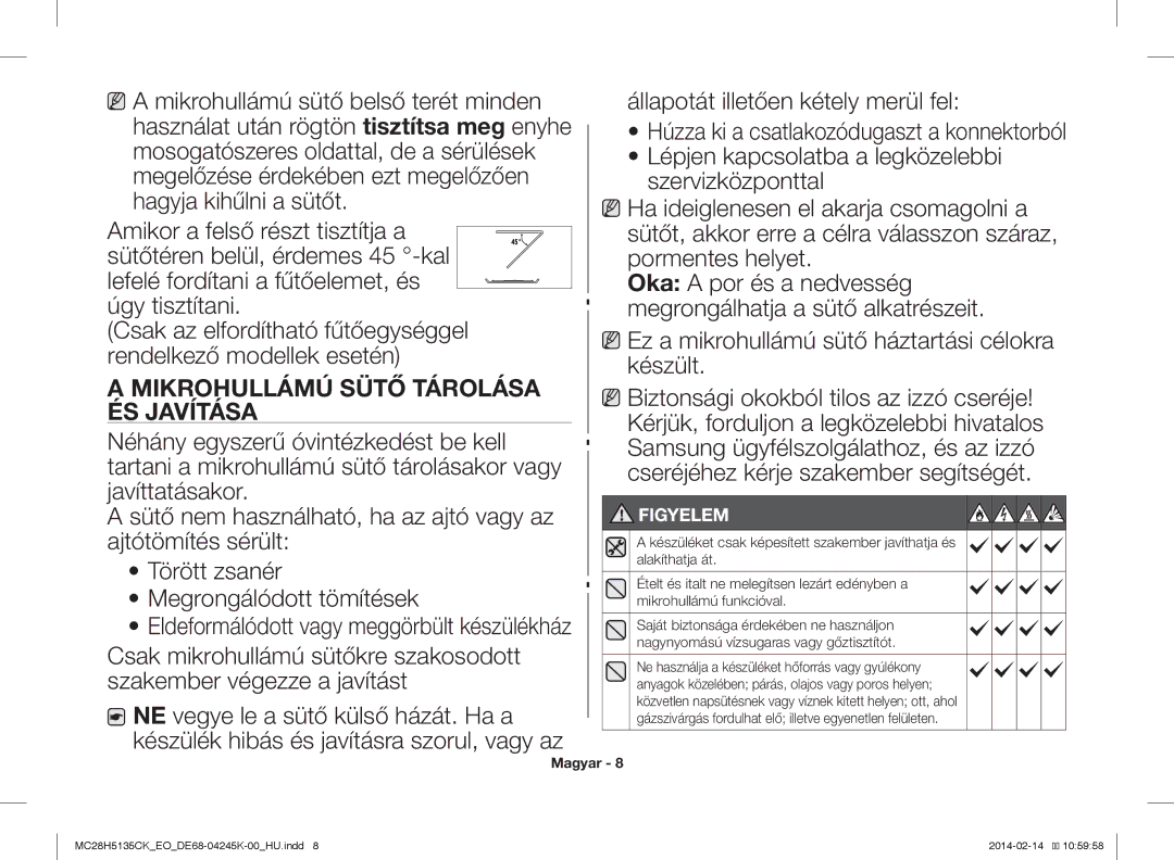 Samsung MC28H5135CK/EO manual Mikrohullámú Sütő Tárolása, ÉS Javítása 