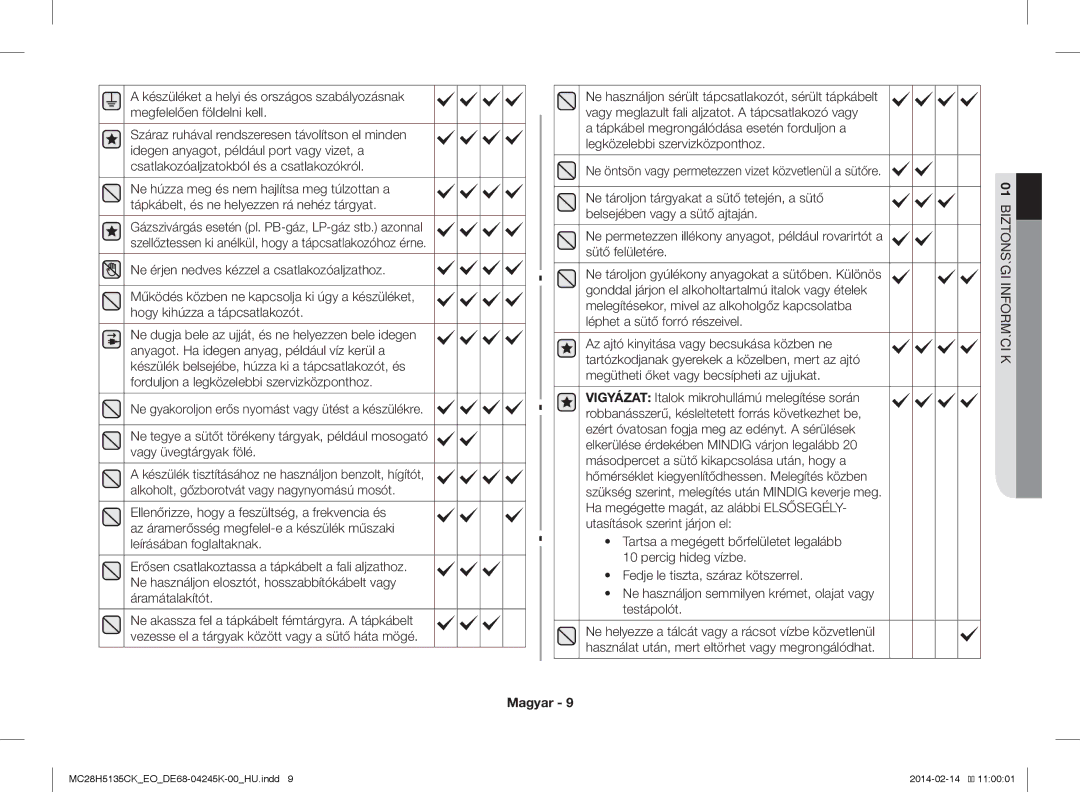 Samsung MC28H5135CK/EO Ne tároljon gyúlékony anyagokat a sütőben. Különös, Melegítésekor, mivel az alkoholgőz kapcsolatba 