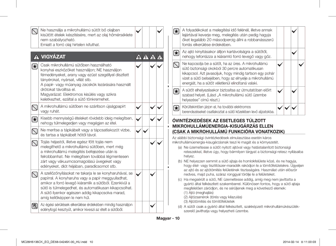 Samsung MC28H5135CK/EO manual Mikrohullámú sütőben ne szárítson újságpapírt vagy ruhát 