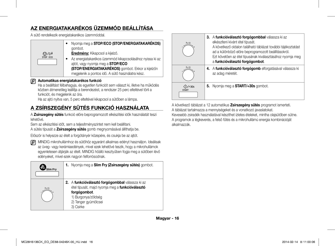 Samsung MC28H5135CK/EO manual AZ Energiatakarékos Üzemmód Beállítása, Zsírszegény Sütés Funkció Használata 