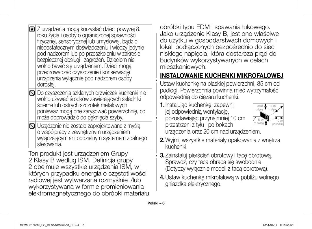 Samsung MC28H5135CK/EO manual Instalowanie Kuchenki Mikrofalowej, Instalując kuchenkę, zapewnij, Jej odpowiednią wentylację 