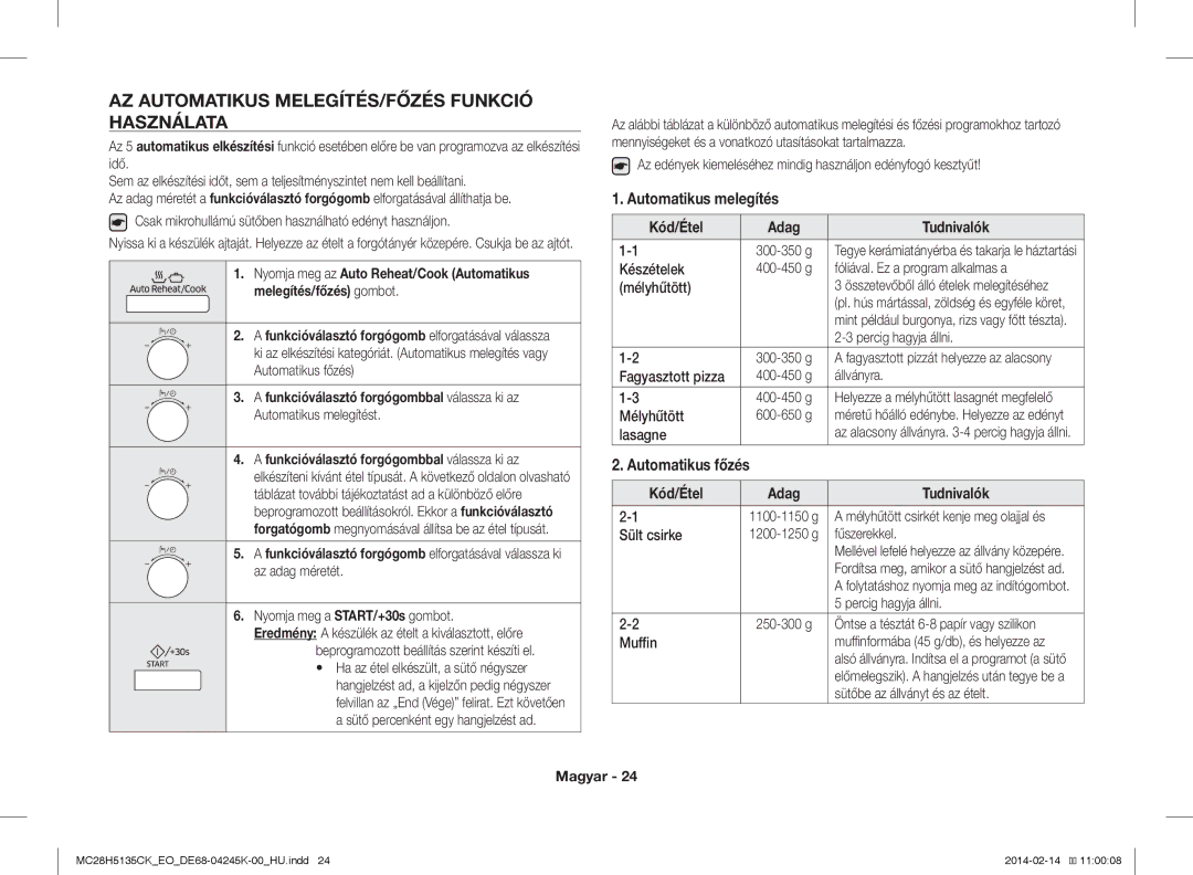 Samsung MC28H5135CK/EO manual AZ Automatikus MELEGÍTÉS/FŐZÉS Funkció Használata, Automatikus melegítés, Automatikus főzés 