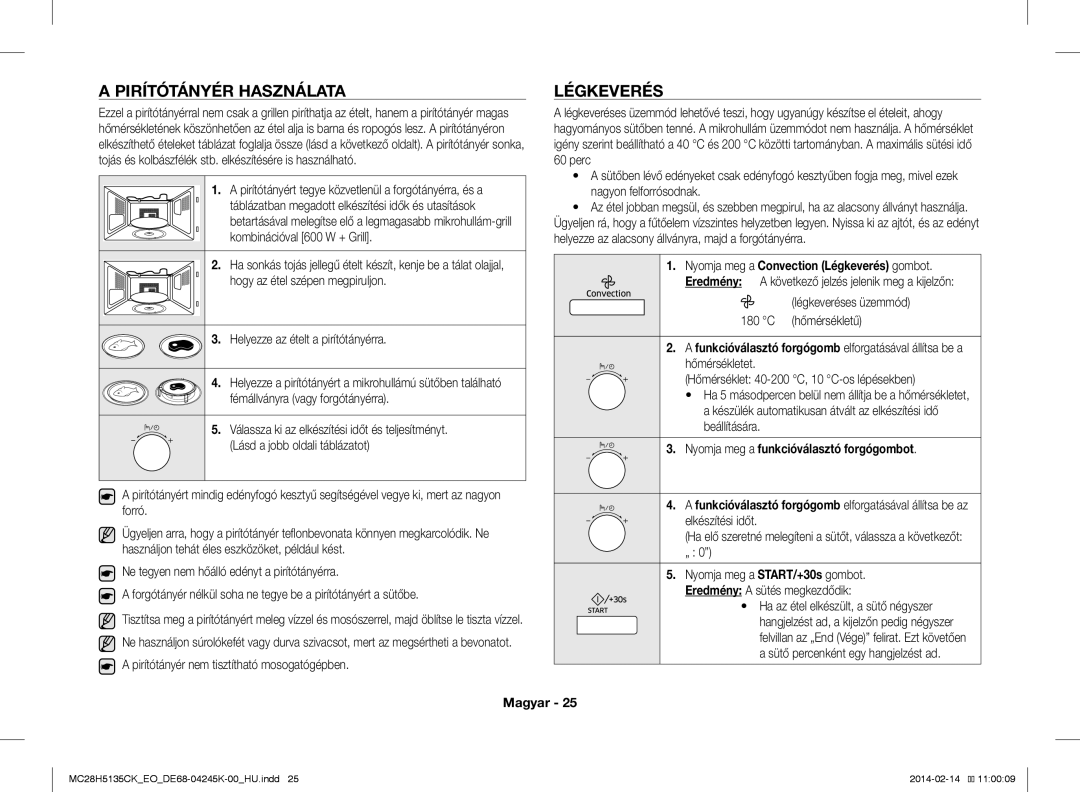 Samsung MC28H5135CK/EO manual Pirítótányér Használata Légkeverés 