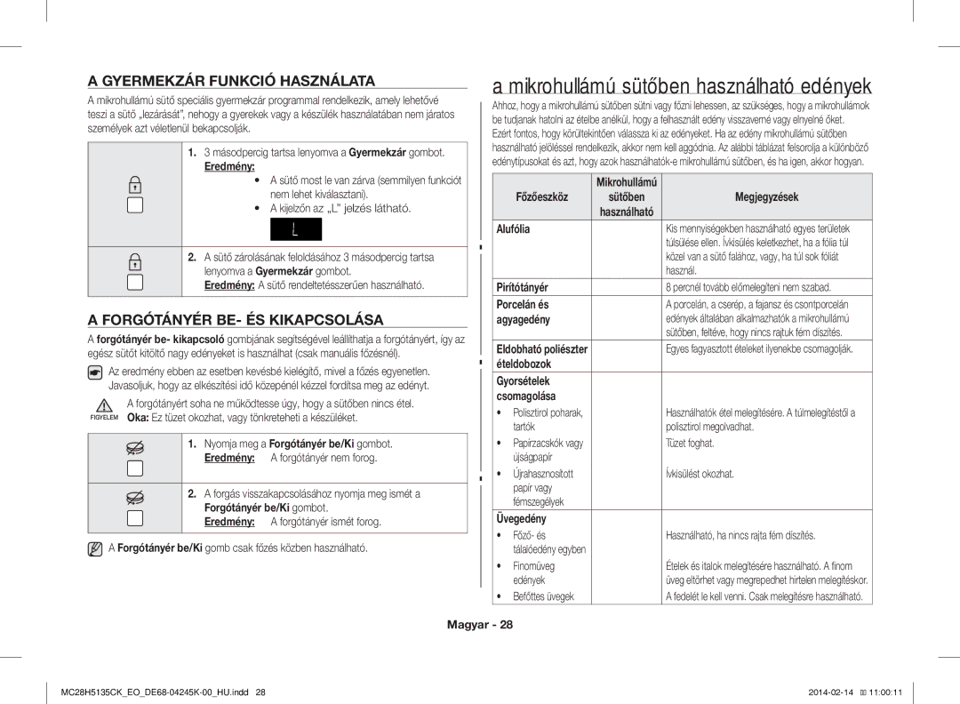 Samsung MC28H5135CK/EO manual Gyermekzár Funkció Használata, Forgótányér BE- ÉS Kikapcsolása 