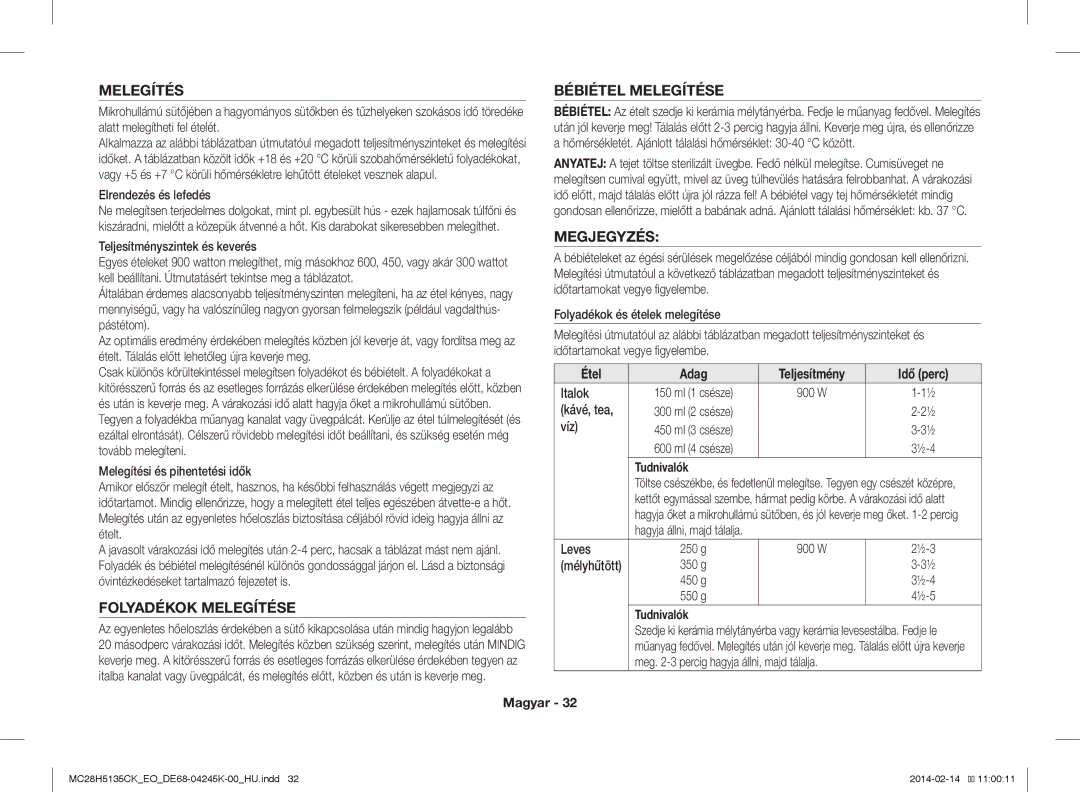 Samsung MC28H5135CK/EO manual Melegítés Bébiétel Melegítése, Megjegyzés, Folyadékok Melegítése, Étel 