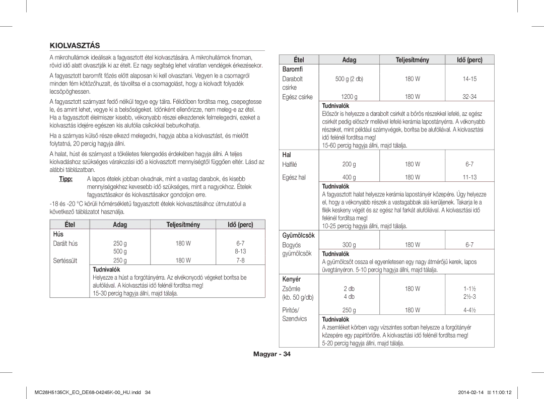 Samsung MC28H5135CK/EO manual Kiolvasztás, Tipp 