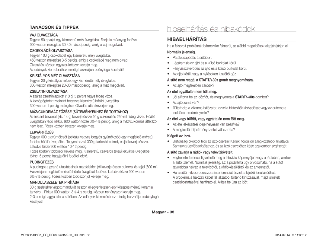 Samsung MC28H5135CK/EO manual Hibaelhárítás és hibakódok, Tanácsok ÉS Tippek 