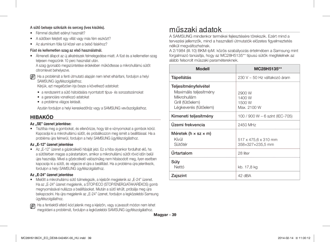 Samsung MC28H5135CK/EO manual Műszaki adatok, Hibakód 