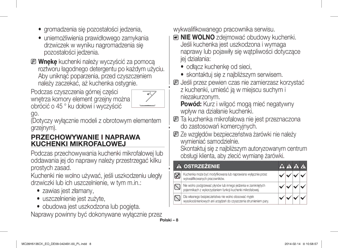 Samsung MC28H5135CK/EO manual Przechowywanie I Naprawa, Kuchenki Mikrofalowej 