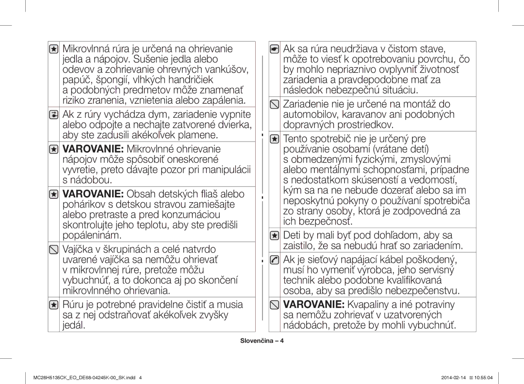 Samsung MC28H5135CK/EO manual Varovanie Kvapaliny a iné potraviny 