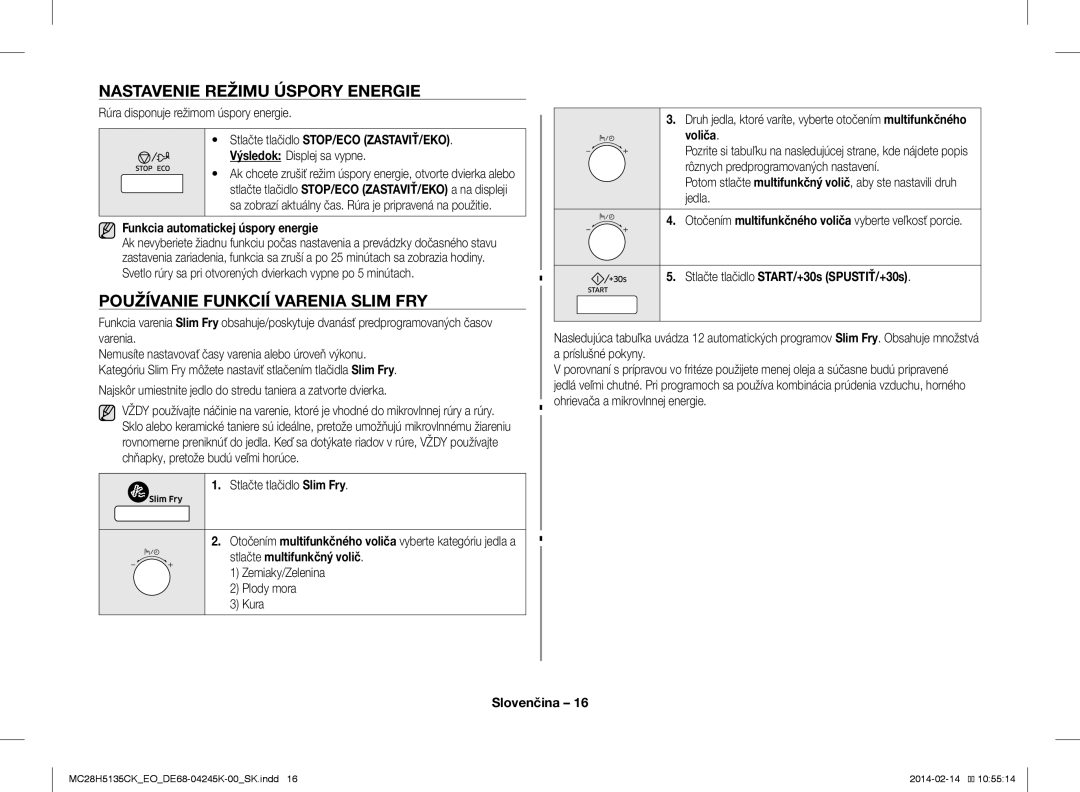 Samsung MC28H5135CK/EO manual Nastavenie Režimu Úspory Energie, Používanie Funkcií Varenia Slim FRY 