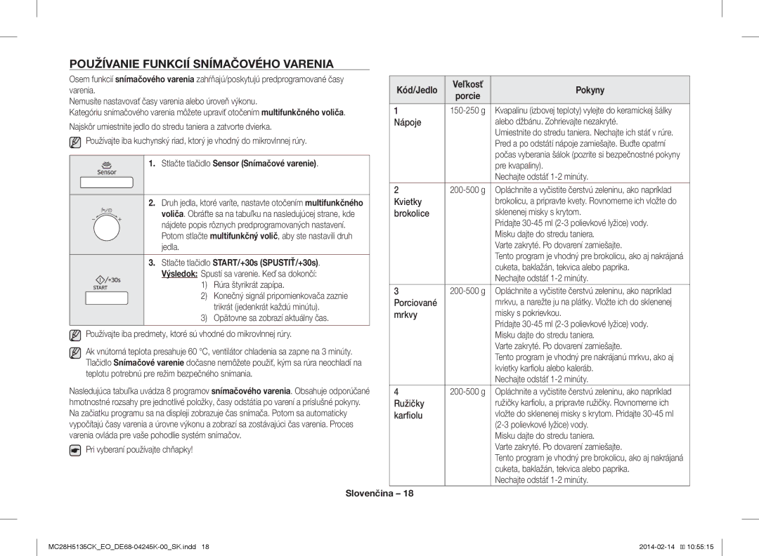 Samsung MC28H5135CK/EO manual Používanie Funkcií Snímačového Varenia, Stlačte tlačidlo Sensor Snímačové varenie, Kód/Jedlo 