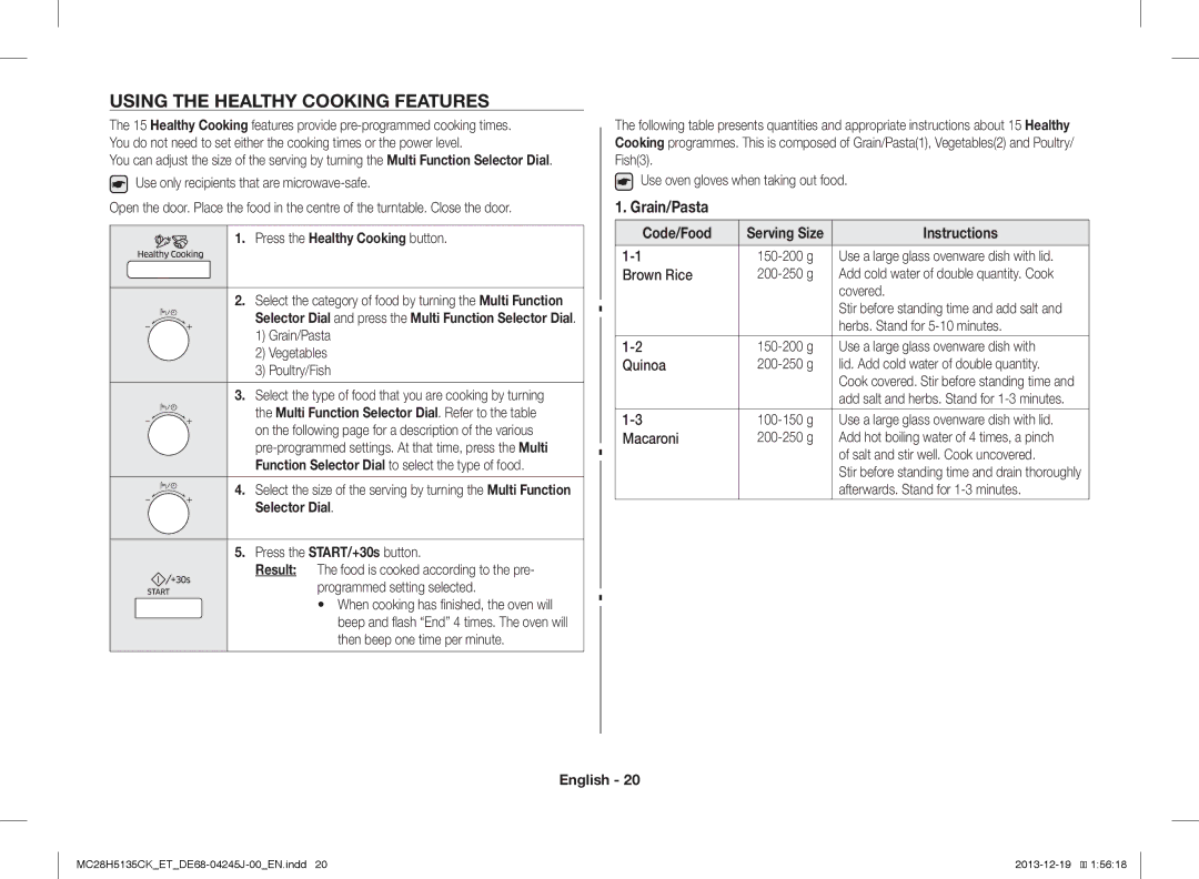 Samsung MC28H5135CK/ET, MC28H5135CW/ET Using the Healthy Cooking Features, Grain/Pasta, Press the Healthy Cooking button 