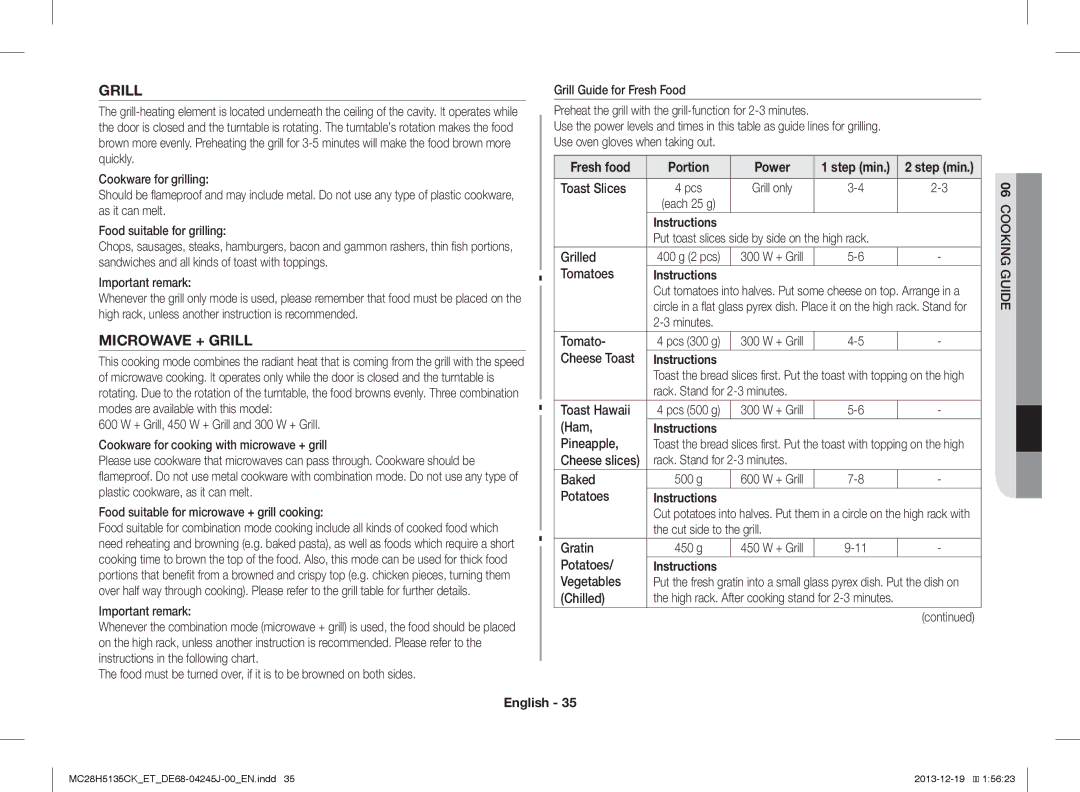 Samsung MC28H5135CW/ET, MC28H5135CK/ET manual Microwave + Grill, Fresh food Portion Power 