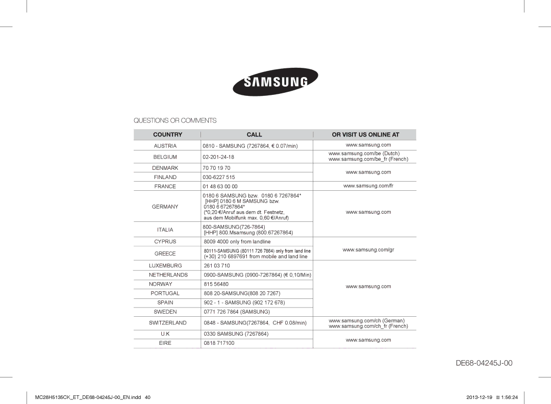 Samsung MC28H5135CK/ET, MC28H5135CW/ET manual DE68-04245J-00 