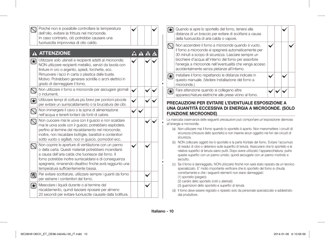 Samsung MC28H5135CK/ET, MC28H5135CW/ET manual Attenzione 