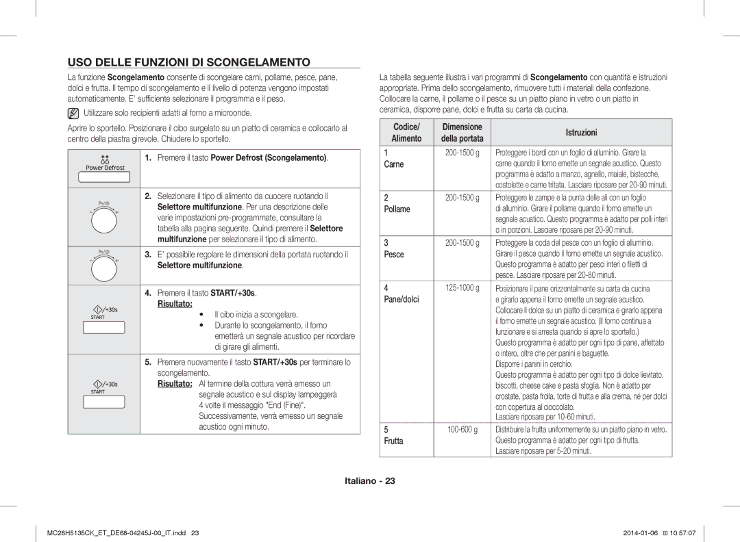 Samsung MC28H5135CW/ET manual USO Delle Funzioni DI Scongelamento, Premere il tasto Power Defrost Scongelamento, Risultato 