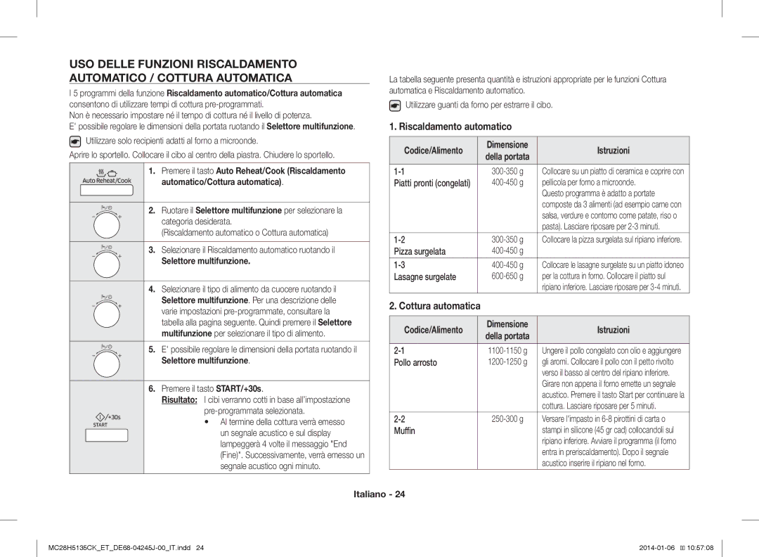 Samsung MC28H5135CK/ET, MC28H5135CW/ET manual Riscaldamento automatico, Cottura automatica 