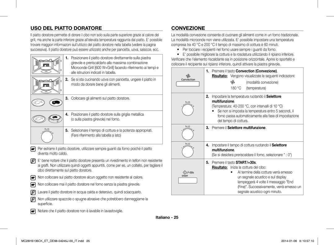 Samsung MC28H5135CW/ET, MC28H5135CK/ET manual USO DEL Piatto Doratore Convezione, Premere il tasto Convection Convezione 