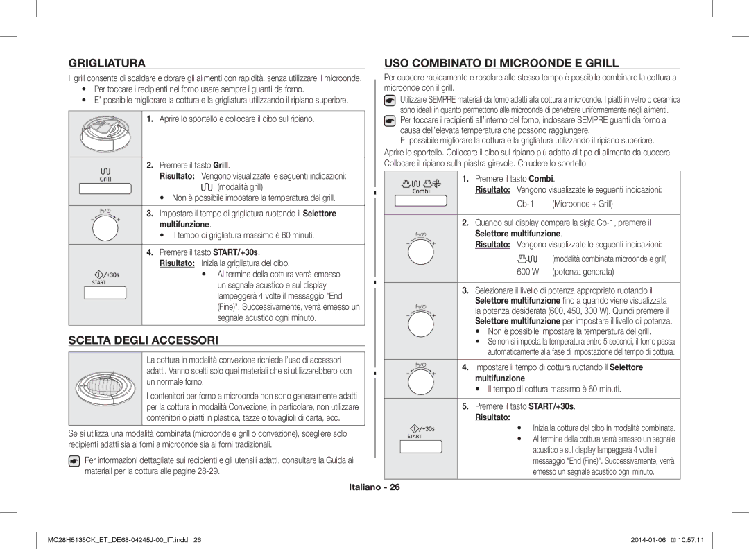 Samsung MC28H5135CK/ET, MC28H5135CW/ET manual Grigliatura, Scelta Degli Accessori, USO Combinato DI Microonde E Grill 